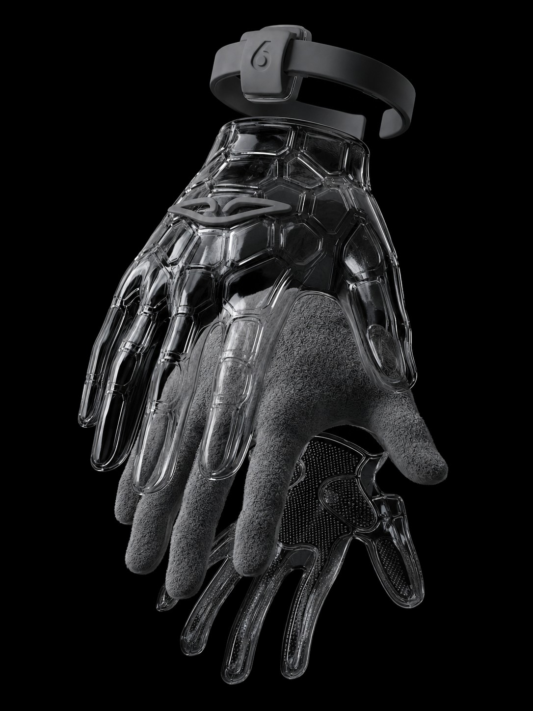 Exploded view of the ARMA Sport glove showing the adaptive wrist band, transparent structural shell, micro-flocked interior, and sport-specific palm grip layer.