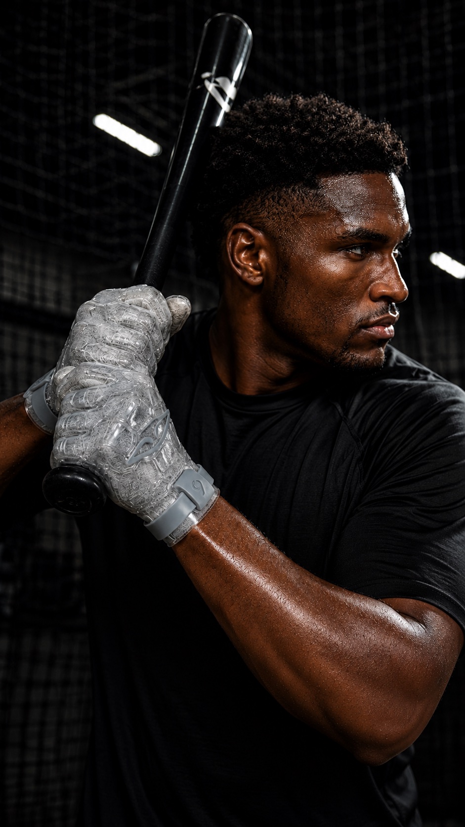 Batter gripping the bat in ARMA gloves